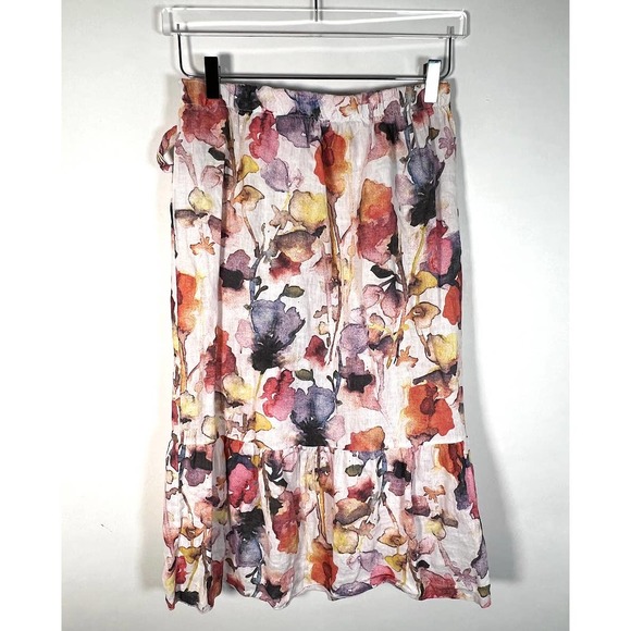 PIAZZA DEL TEMPIO Linen Faux Wrap Midi Skirt M Orange Purple Floral Ruffle EUC! - Picture 3 of 8